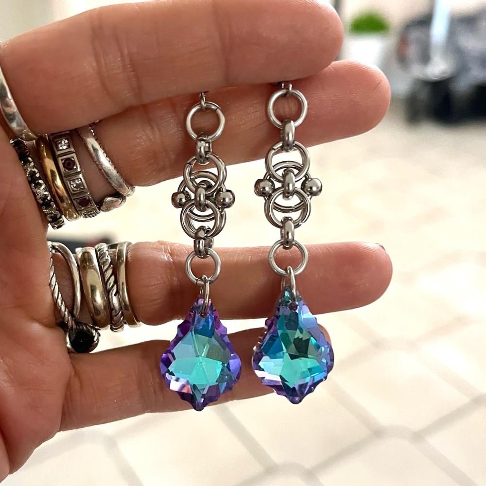 Handmade Blue purple iridescent rainbow austrian crystals maille celtic set - Picture 2 of 16